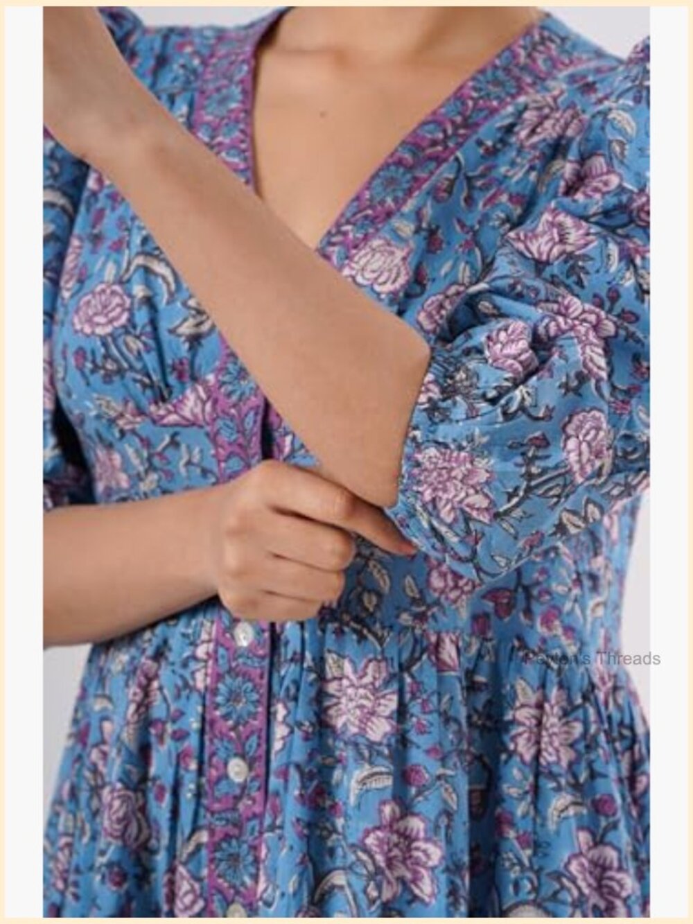 V-Neck Cotton Midi Dress with Pockets Handmade Boho Beach Dress - Picture 6 of 6